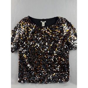 H&M Sequin‎ Top Multicolor Sparkly Party Blouse Short Sleeve Small